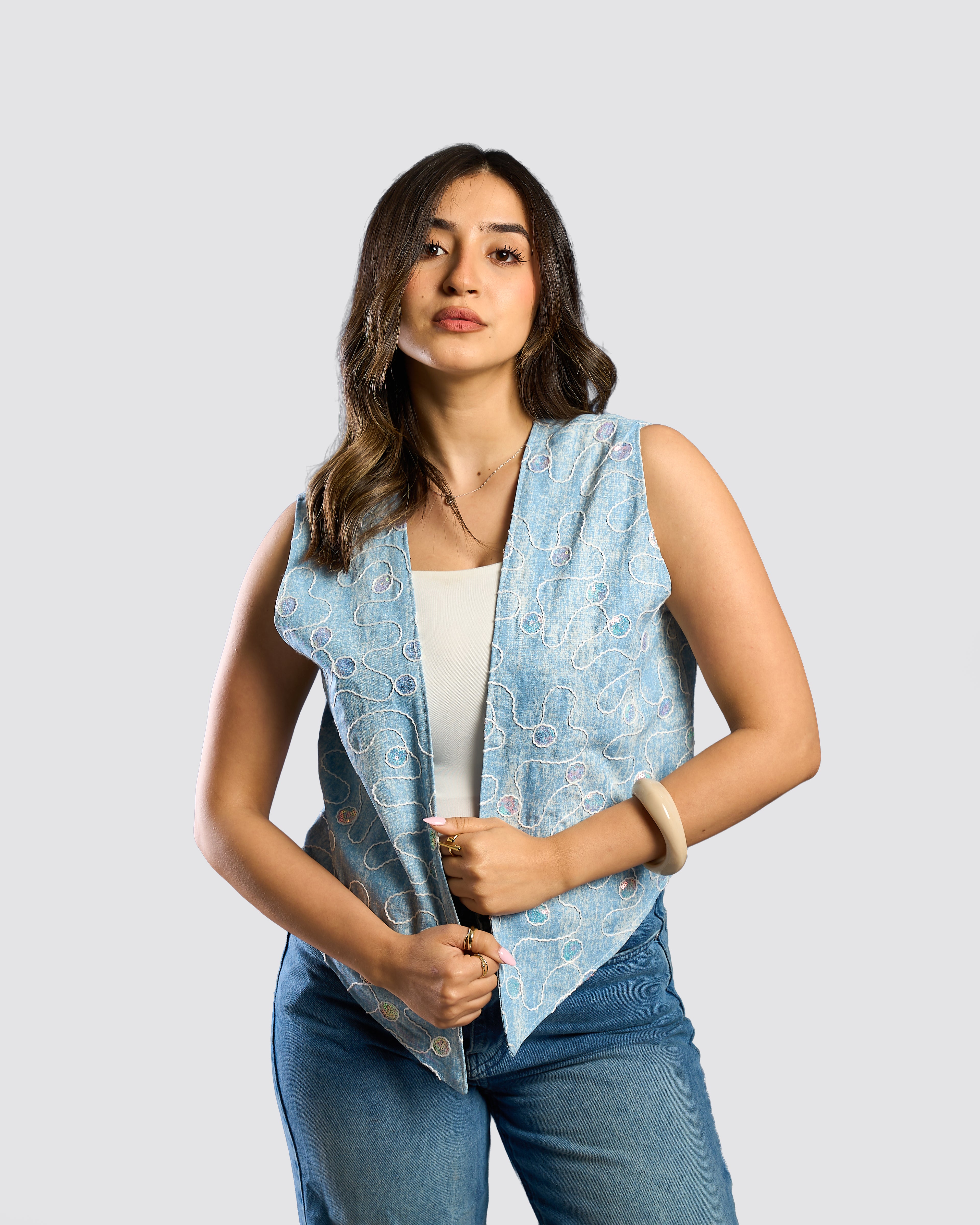 Luna Vest – Embroidered Denim
